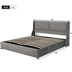 Lit adulte lit coffre lit 180x200 cm lit de rangement lit rembourré hydraulique lit en métal lit double velours gris