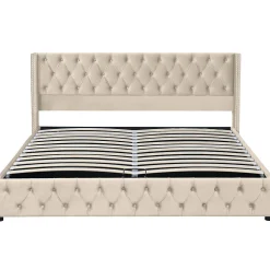 Lit adulte lit coffre lit rembourré hydraulique lit de rangement lit 160x200 cm lit en métal lit double velours beige