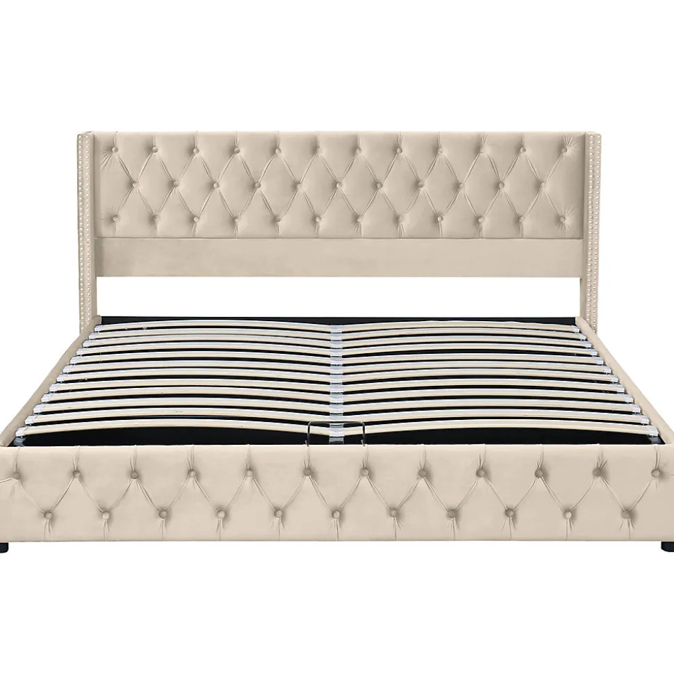 Lit adulte lit coffre lit rembourré hydraulique lit de rangement lit 160x200 cm lit en métal lit double velours beige