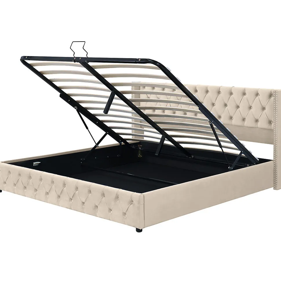 Lit adulte lit coffre lit rembourré hydraulique lit de rangement lit 160x200 cm lit en métal lit double velours beige