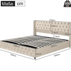 Lit adulte lit coffre lit rembourré hydraulique lit de rangement lit 160x200 cm lit en métal lit double velours beige
