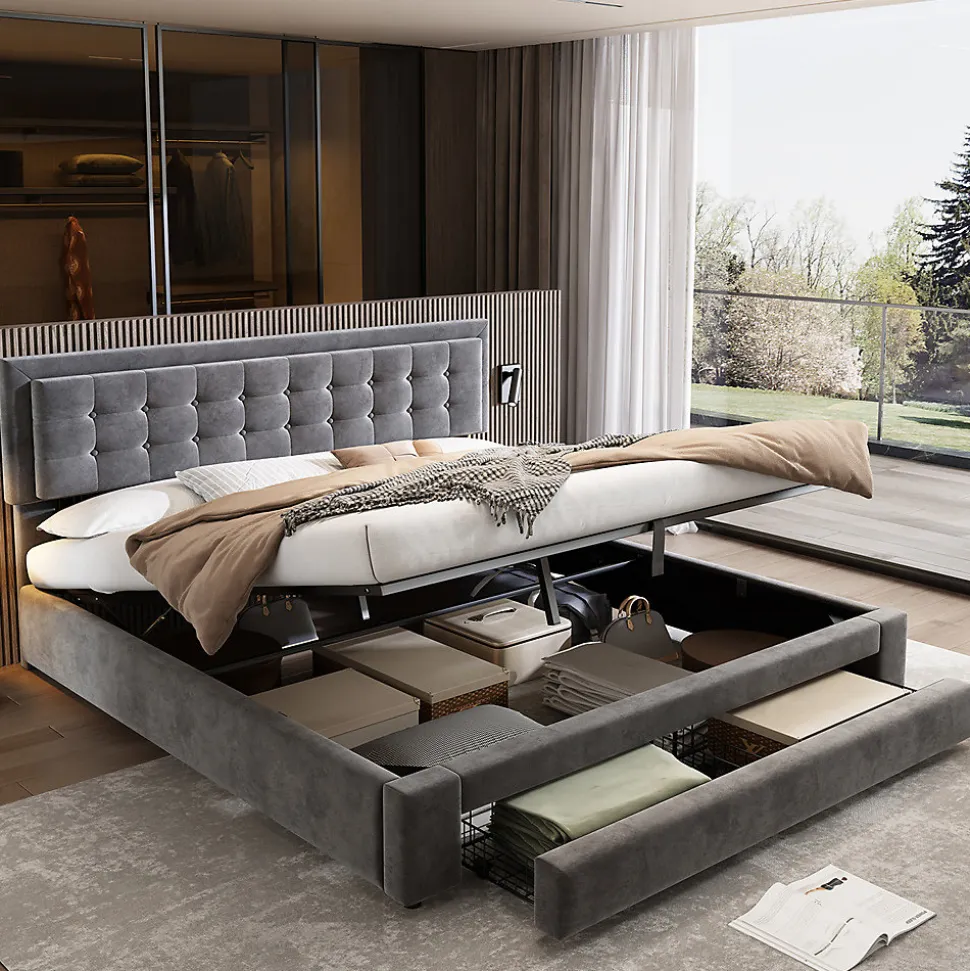 Lit adulte lit coffre lit 160x200 cm lit de rangement lit rembourré hydraulique lit 2 tiroirs lit double velours gris