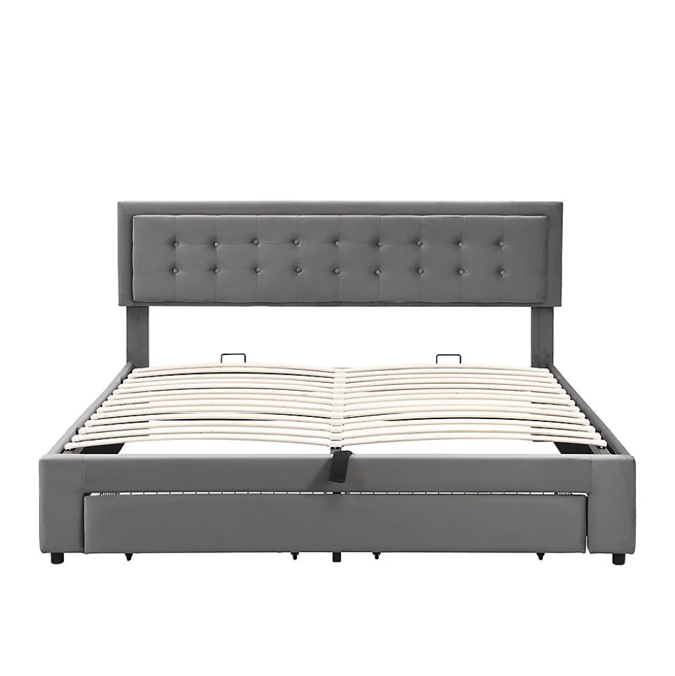 Lit adulte lit coffre lit 160x200 cm lit de rangement lit rembourré hydraulique lit 2 tiroirs lit double velours gris