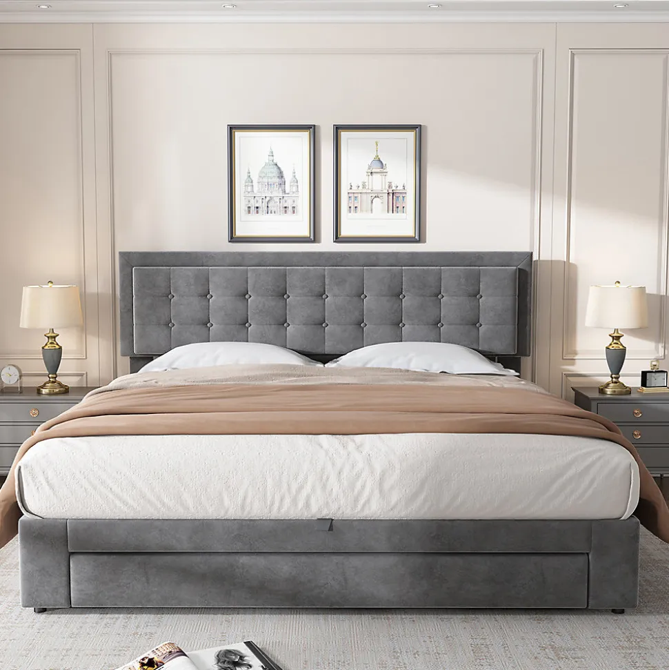 Lit adulte lit coffre lit 160x200 cm lit de rangement lit rembourré hydraulique lit 2 tiroirs lit double velours gris