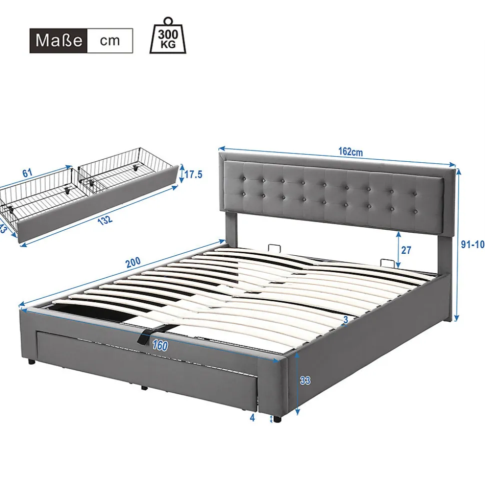 Lit adulte lit coffre lit 160x200 cm lit de rangement lit rembourré hydraulique lit 2 tiroirs lit double velours gris
