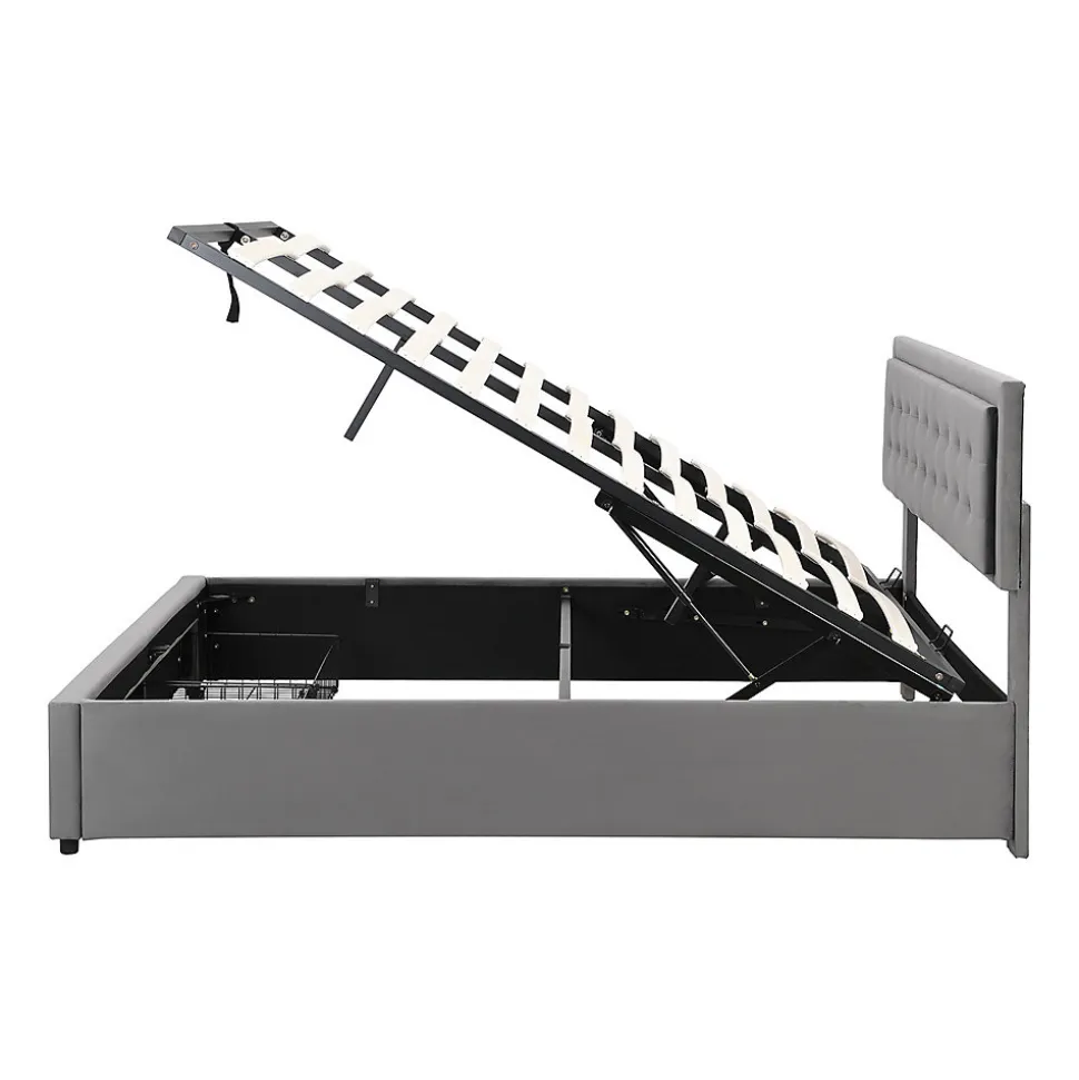 Lit adulte lit coffre lit 160x200 cm lit de rangement lit rembourré hydraulique lit 2 tiroirs lit double velours gris