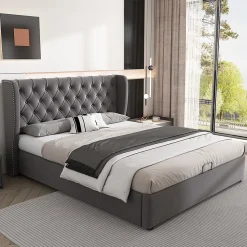 Lit adulte lit coffre lit 140x200 cm lit de rangement lit rembourré hydraulique lit en métal lit double velours gris