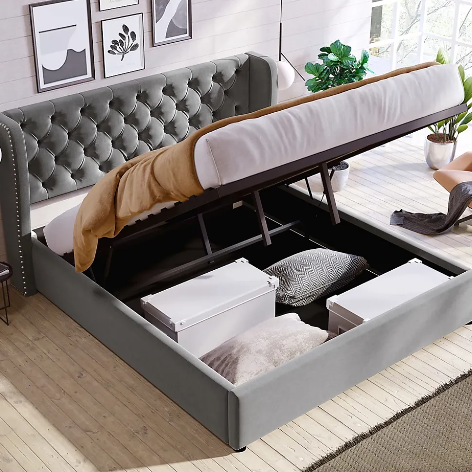 Lit adulte lit coffre lit 140x200 cm lit de rangement lit rembourré hydraulique lit en métal lit double velours gris