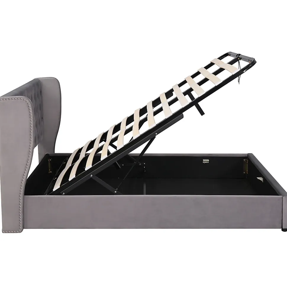 Lit adulte lit coffre lit 140x200 cm lit de rangement lit rembourré hydraulique lit en métal lit double velours gris