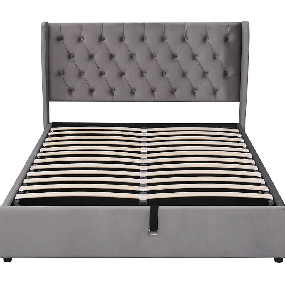 Lit adulte lit coffre lit 140x200 cm lit de rangement lit rembourré hydraulique lit en métal lit double velours gris