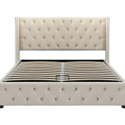 Lit adulte lit coffre lit rembourré hydraulique lit de rangement lit 140x200 cm lit en métal lit double velours beige