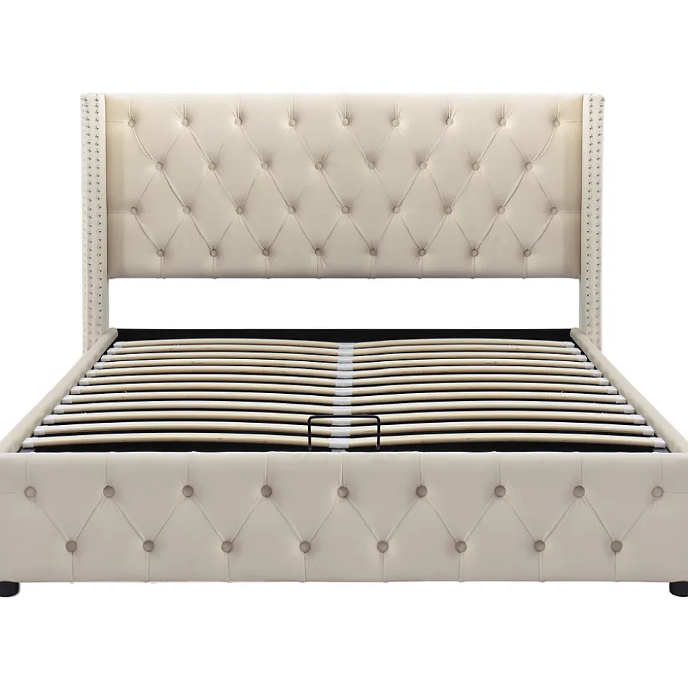 Lit adulte lit coffre lit rembourré hydraulique lit de rangement lit 140x200 cm lit en métal lit double velours beige