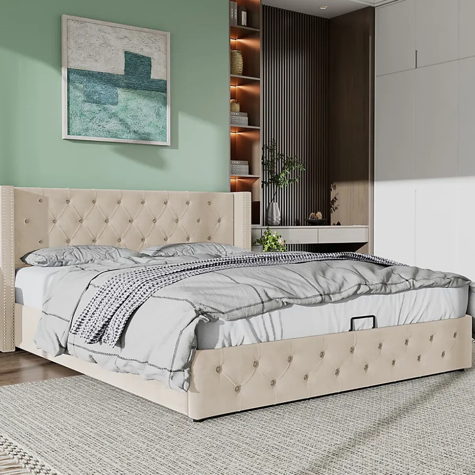 Lit adulte lit coffre lit rembourré hydraulique lit de rangement lit 140x200 cm lit en métal lit double velours beige