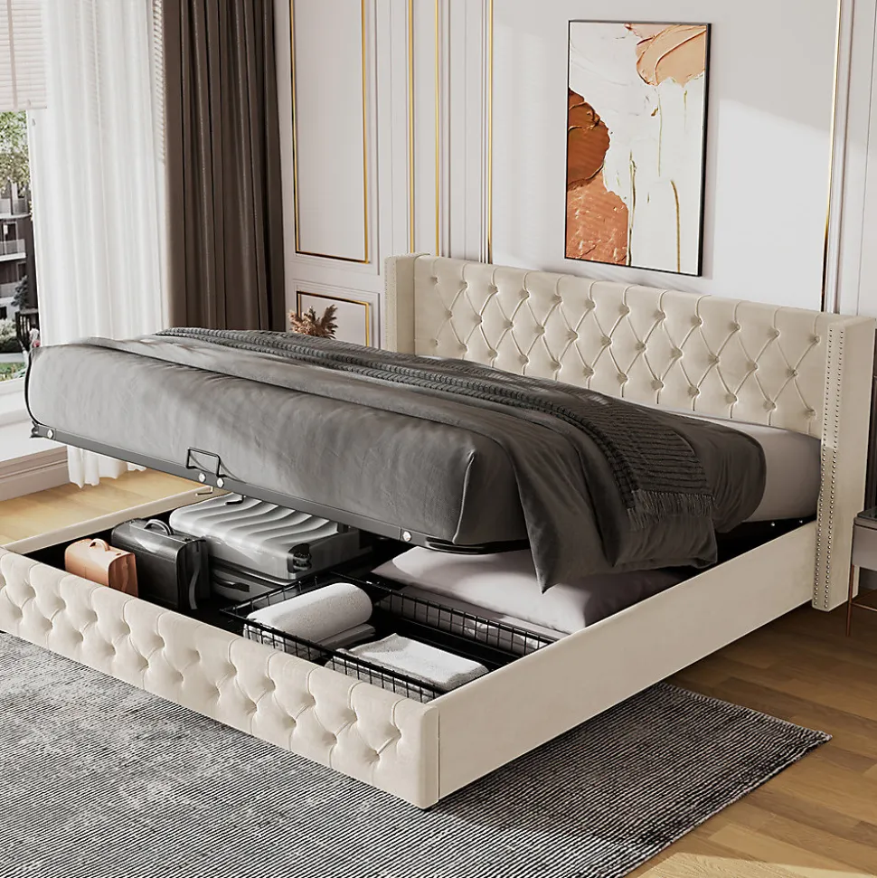 Lit adulte lit coffre lit rembourré hydraulique lit de rangement lit 140x200 cm lit en métal lit double velours beige