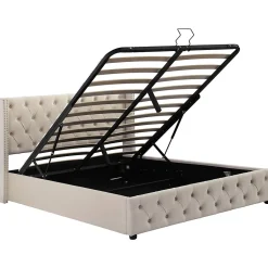 Lit adulte lit coffre lit rembourré hydraulique lit de rangement lit 140x200 cm lit en métal lit double velours beige