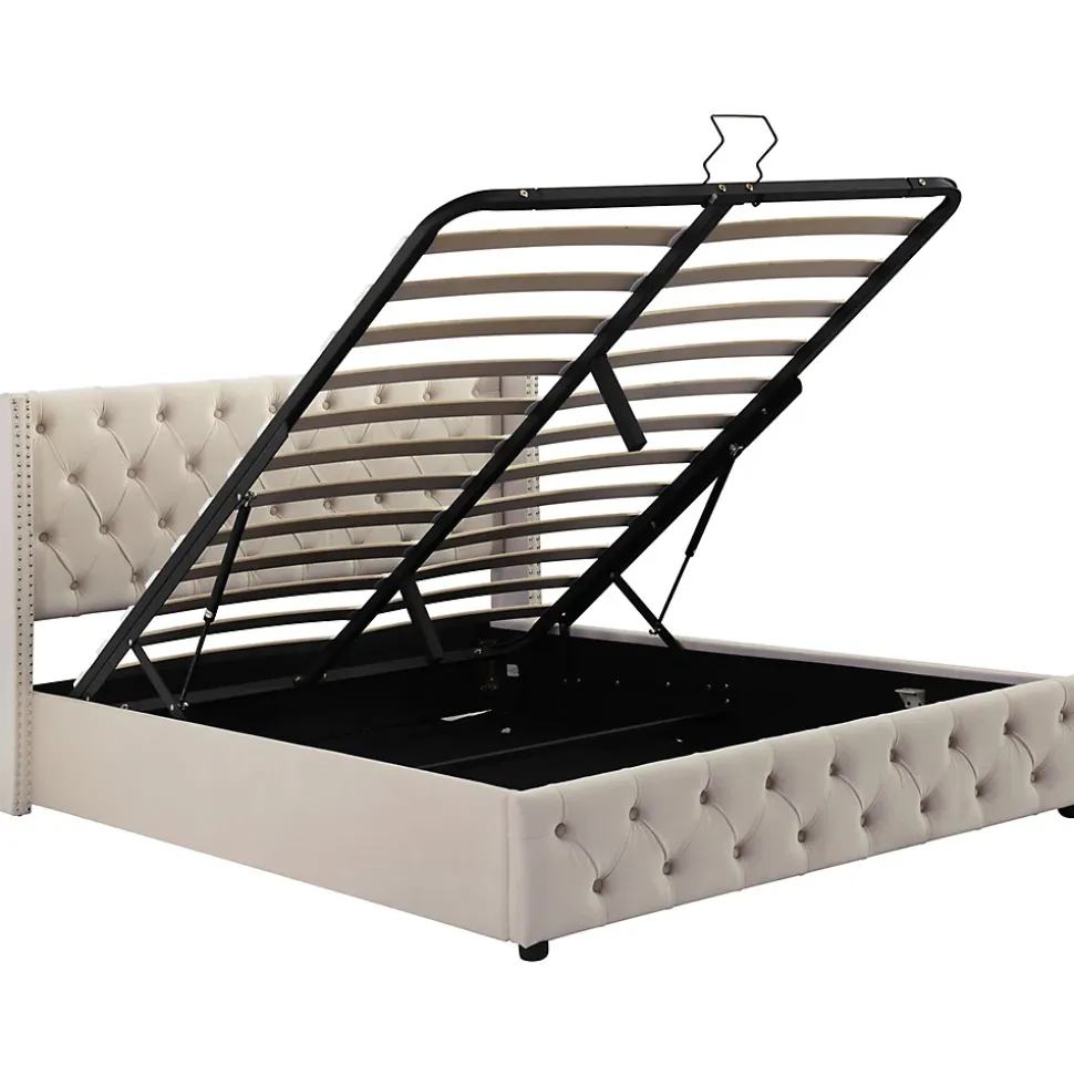 Lit adulte lit coffre lit rembourré hydraulique lit de rangement lit 140x200 cm lit en métal lit double velours beige