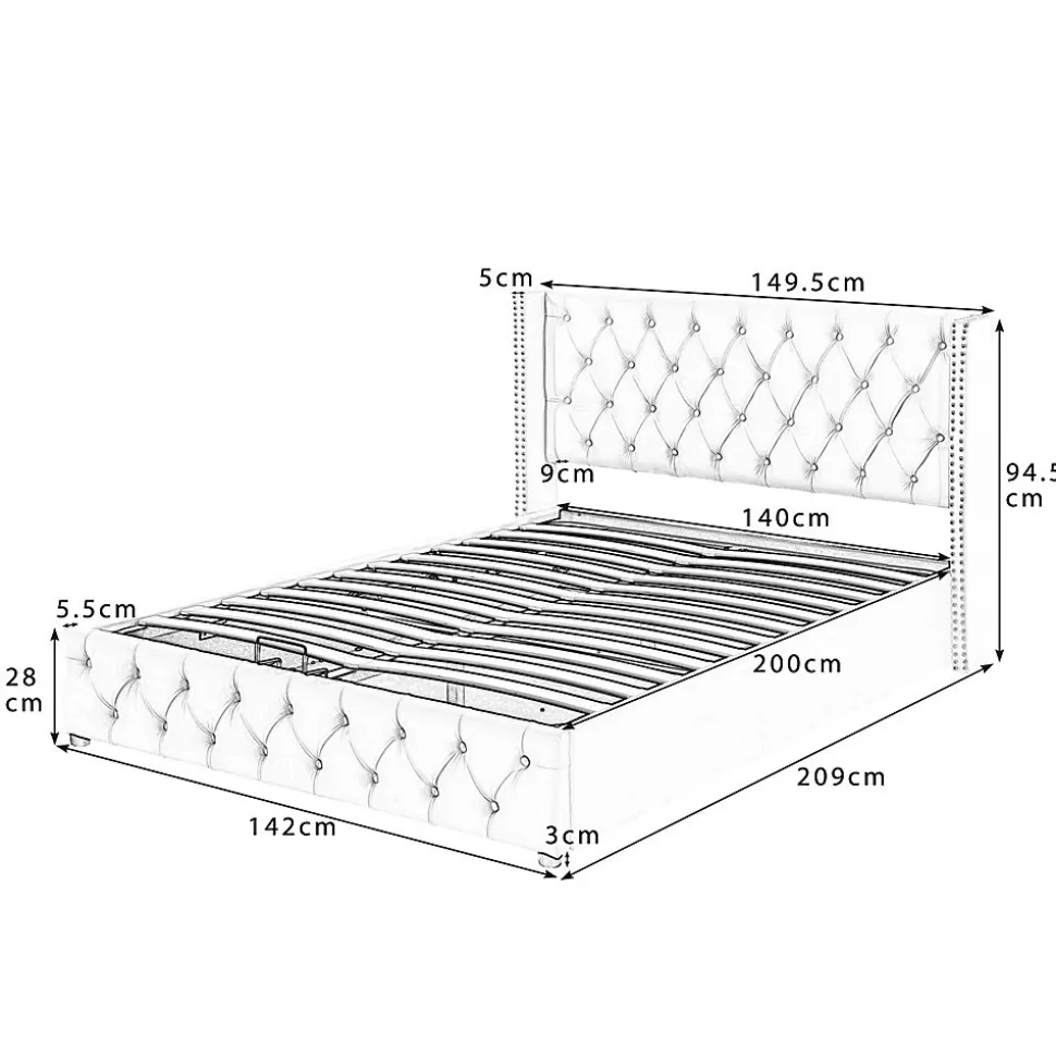 Lit adulte lit coffre lit rembourré hydraulique lit de rangement lit 140x200 cm lit en métal lit double velours beige