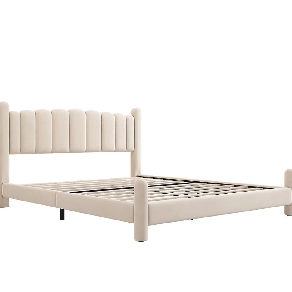 Lit adulte lit rembourré lit 180x200cm lit cadre à lattes en bois lit pieds de support cylindriques velours beige