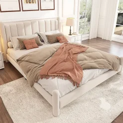 Lit adulte lit rembourré lit 180x200cm lit cadre à lattes en bois lit pieds de support cylindriques velours beige