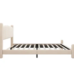 Lit adulte lit rembourré lit 180x200cm lit cadre à lattes en bois lit pieds de support cylindriques velours beige