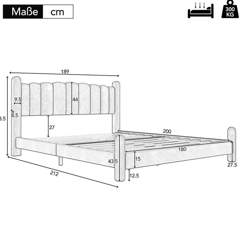 Lit adulte lit rembourré lit 180x200cm lit cadre à lattes en bois lit pieds de support cylindriques velours beige