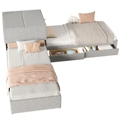 Lit adulte lit rembourré lit 90x200 cm avec armoire de rangement et tiroir lit double lin gris