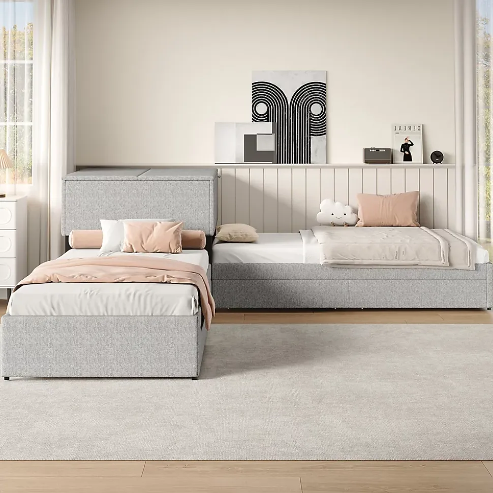 Lit adulte lit rembourré lit 90x200 cm avec armoire de rangement et tiroir lit double lin gris