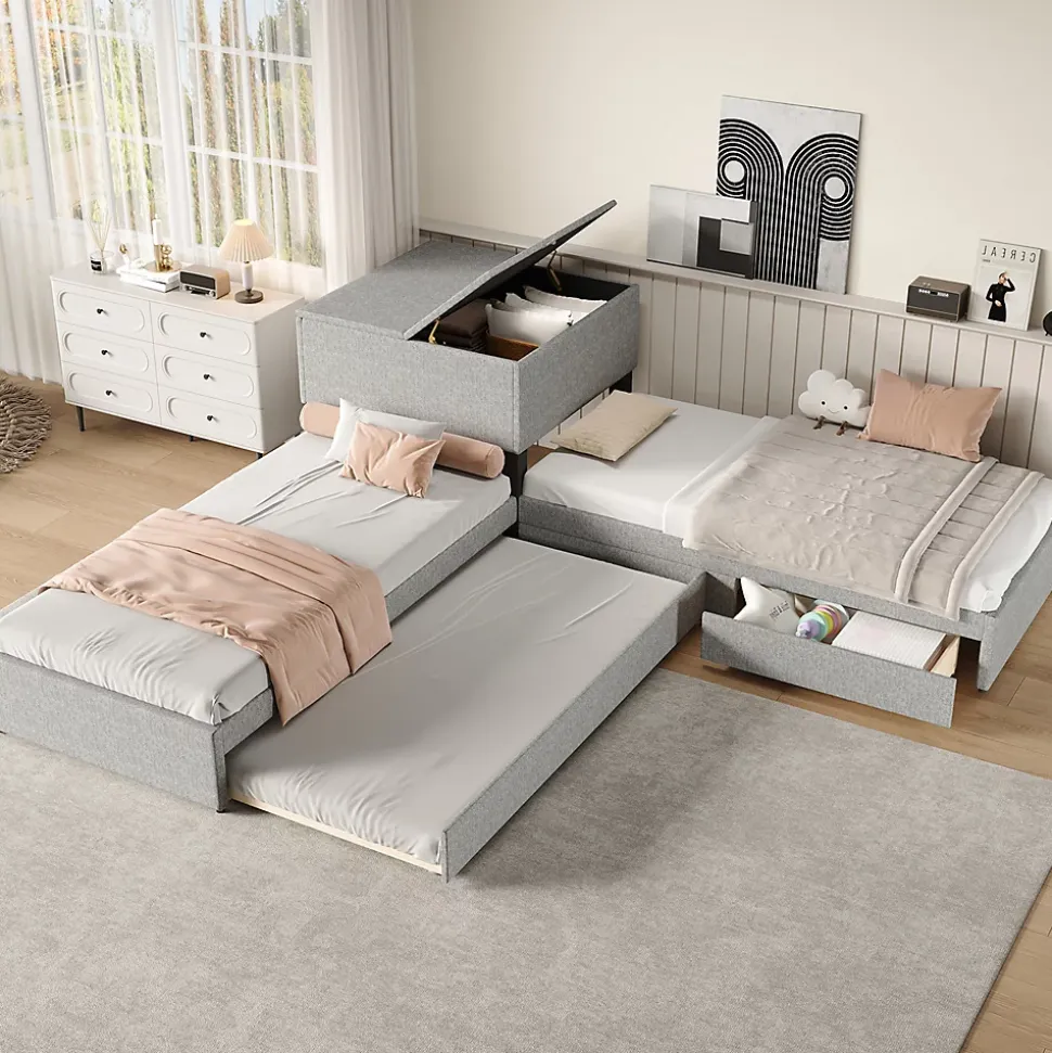 Lit adulte lit rembourré lit 90x200 cm avec armoire de rangement et tiroir lit double lin gris