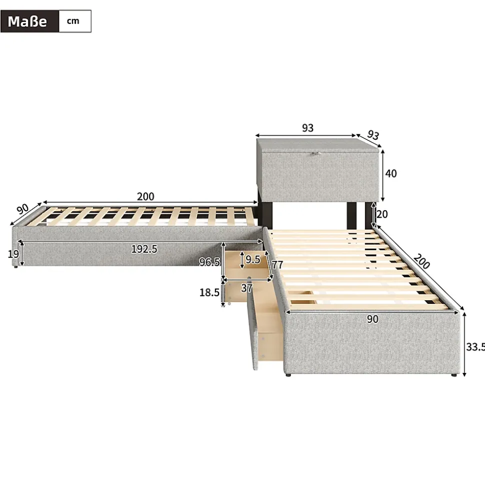 Lit adulte lit rembourré lit 90x200 cm avec armoire de rangement et tiroir lit double lin gris