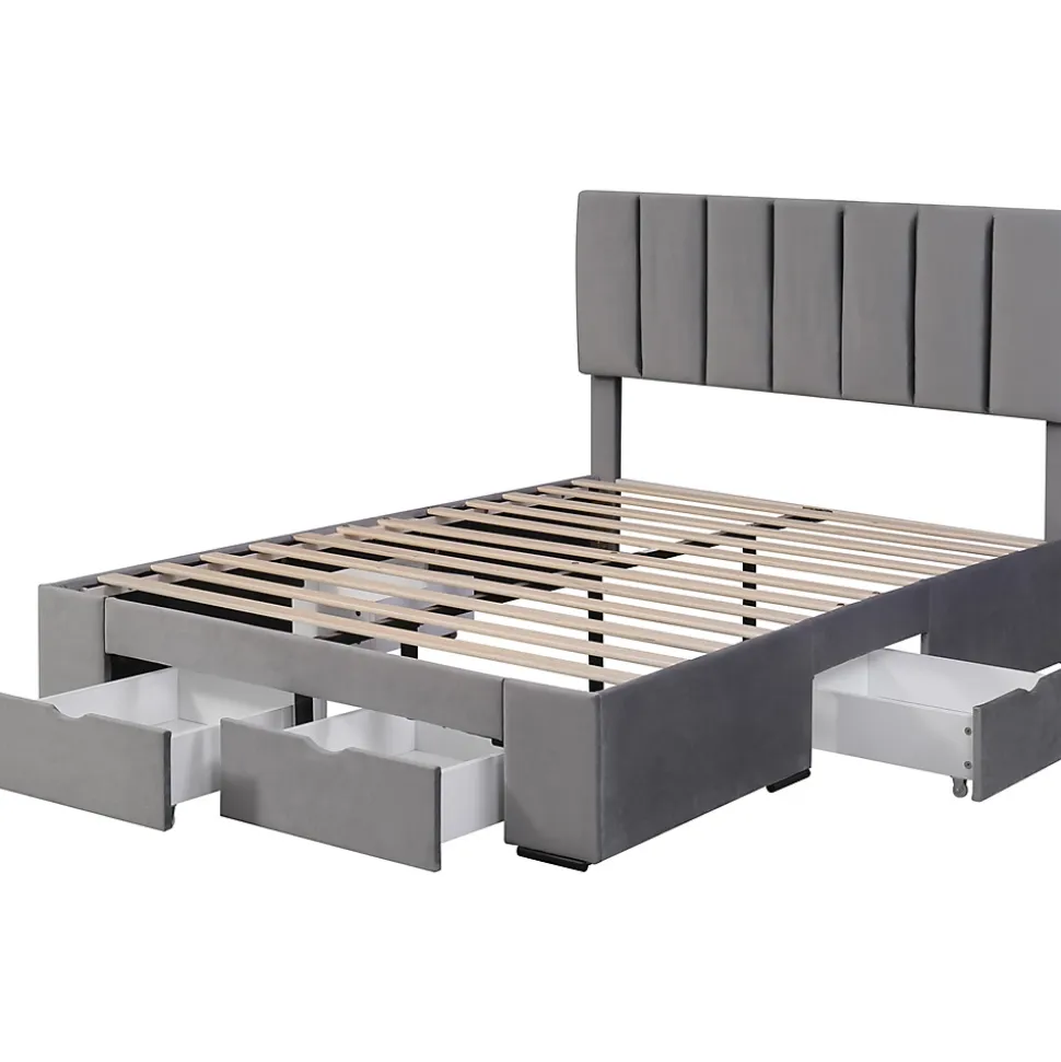 Lit adulte lit rembourré 140x200 cm, avec dossier,sommier à lattes et 4 tiroirs, velours, gris