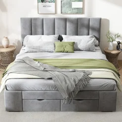 Lit adulte lit rembourré 140x200 cm, avec dossier,sommier à lattes et 4 tiroirs, velours, gris