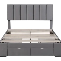 Lit adulte lit rembourré 140x200 cm, avec dossier,sommier à lattes et 4 tiroirs, velours, gris