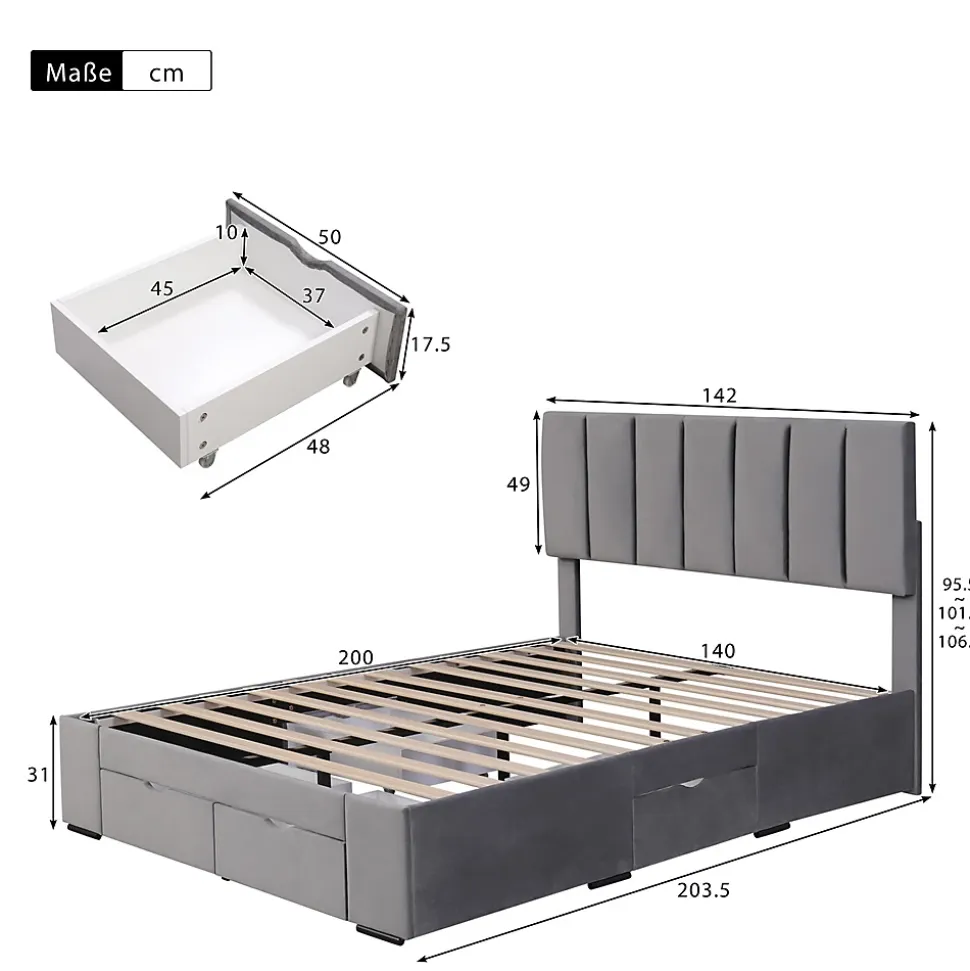 Lit adulte lit rembourré 140x200 cm, avec dossier,sommier à lattes et 4 tiroirs, velours, gris