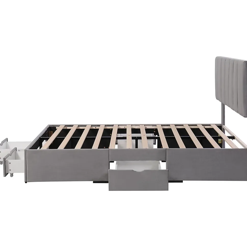 Lit adulte lit rembourré 140x200 cm, avec dossier,sommier à lattes et 4 tiroirs, velours, gris