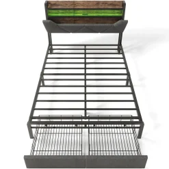 Lit adulte lit 140x200 cm avec cadre métallique lit rembourré avec éclairage led et tiroirs lit double lin gris