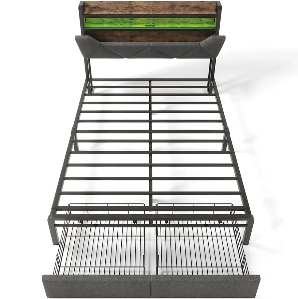 Lit adulte lit 140x200 cm avec cadre métallique lit rembourré avec éclairage led et tiroirs lit double lin gris