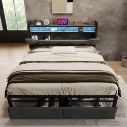 Lit adulte lit 140x200 cm avec cadre métallique lit rembourré avec éclairage led et tiroirs lit double lin gris