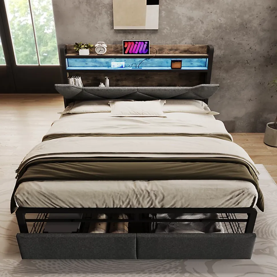 Lit adulte lit 140x200 cm avec cadre métallique lit rembourré avec éclairage led et tiroirs lit double lin gris