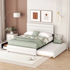 Lit adulte lit 140x200 cm avec brocheuse et deux tiroirs lit double lin beige