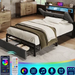 Lit adulte lit 90x200 cm avec cadre métallique lit rembourré avec éclairage led et tiroirs Single lin gris