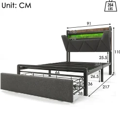 Lit adulte lit 90x200 cm avec cadre métallique lit rembourré avec éclairage led et tiroirs Single lin gris