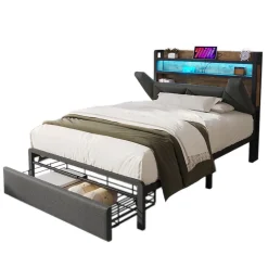 Lit adulte lit 90x200 cm avec cadre métallique lit rembourré avec éclairage led et tiroirs Single lin gris