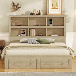 Lit adulte lit 160x200 cm avec deux tiroirs avec rangement tête de lit lit double panneau de particules Neutral