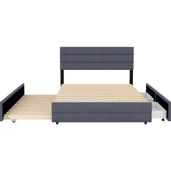 Lit adulte lit 140x200 cm avec brocheuse et deux tiroirs lit double lin gris