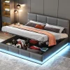 Lit adulte lit 160x200 cm lit led rembourré hydraulique lit de rangement lit double cuir synthétique gris
