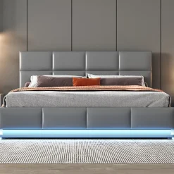 Lit adulte lit 160x200 cm lit led rembourré hydraulique lit de rangement lit double cuir synthétique gris