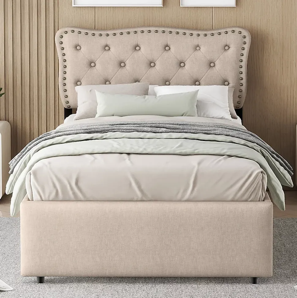 Lit adulte lit 90x200 cm lit plat lit rembourré Single tiroirs doubles lin beige foncé