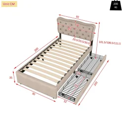 Lit adulte lit 90x200 cm lit plat lit rembourré Single tiroirs doubles lin beige foncé