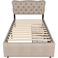 Lit adulte lit 90x200 cm lit plat lit rembourré Single tiroirs doubles lin beige foncé