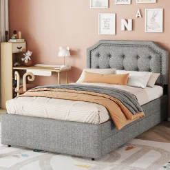 Lit adulte lit 90x200 cm lit plat lit rembourré lit 2 tiroirs Single gris